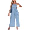 imageCUPSHE Women Summer Jumpsuit with Pocket Square Neck Spaghetti Strap Smocked Bodice Backless Overall Wide Leg Casual RomperBlue