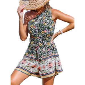 imageCUPSHE Women Mini Romper One Shoulder Casual Floral Belted Jumpsuit Summer Overall Wide leg OutfitBlack Floral