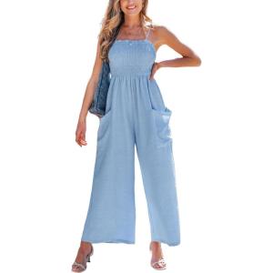 imageCUPSHE Women Summer Jumpsuit with Pocket Square Neck Spaghetti Strap Smocked Bodice Backless Overall Wide Leg Casual RomperBlue