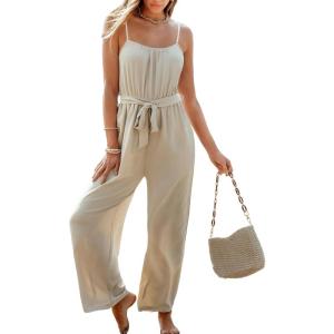 imageCUPSHE Womens Sleeveless Spaghetti Strap Scoop Neckline Sleeveless Waist Tie Wide Leg Jumpsuit Beach Vacation OutfitsBeige