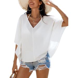 imageCUPSHE Womens Summer Cover Up Tops V Neck Half Sleeves Button Front Elegant Basic Work Blouse ShirtWhite