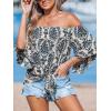 imageCUPSHE Women Tops Boho OffShoulder Neck Ruffle Sleeve Blouse Short Sleeve Tee Shirt Casual SummerBlue