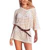 imageCUPSHE Women Crochet Coverups V Neck Short Sleeve Pullover Bathing Suit Cover Up Dress 2025Khaki