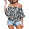 imageCUPSHE Women Tops Boho OffShoulder Neck Ruffle Sleeve Blouse Short Sleeve Tee Shirt Casual SummerBlue