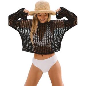 imageCUPSHE Crochet Swimsuit Coverup for Women Hollow Out Crop Top Long Sleeve Beach OutfitsBlack