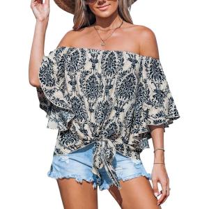 imageCUPSHE Women Tops Boho OffShoulder Neck Ruffle Sleeve Blouse Short Sleeve Tee Shirt Casual SummerBlue