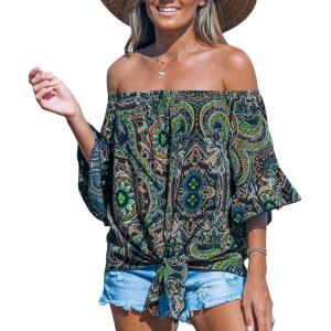 imageCUPSHE Women Tops Boho OffShoulder Neck Ruffle Sleeve Blouse Short Sleeve Tee Shirt Casual SummerGreen