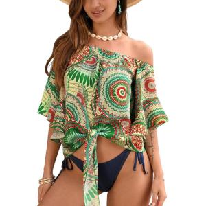 imageCUPSHE Women Tops Boho OffShoulder Neck Ruffle Sleeve Blouse Short Sleeve Tee Shirt Casual SummerMint