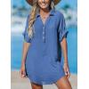 imageCUPSHE Women Swimsuit Cover Up V Neck Short Sleeve Button Front Beach Coverup Shirt DressAzure Color