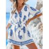 imageCUPSHE Womens Summer Wide Leg Rompers V Neck Short Sleeve Overall Jumpsuit Beach Vacation OutfitBlue