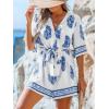 imageCUPSHE Womens Summer Wide Leg Rompers V Neck Short Sleeve Overall Jumpsuit Beach Vacation OutfitBlue