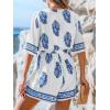 imageCUPSHE Womens Summer Wide Leg Rompers V Neck Short Sleeve Overall Jumpsuit Beach Vacation OutfitBlue