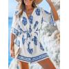 imageCUPSHE Womens Summer Wide Leg Rompers V Neck Short Sleeve Overall Jumpsuit Beach Vacation OutfitBlue