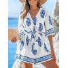 imageCUPSHE Womens Summer Wide Leg Rompers V Neck Short Sleeve Overall Jumpsuit Beach Vacation OutfitBlue