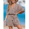 imageCUPSHE Womens Summer Wide Leg Rompers V Neck Short Sleeve Overall Jumpsuit Beach Vacation OutfitLeopard