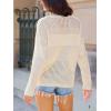 imageCUPSHE Womens Sweaters Lightweight Long Sleeve Round Neck Crochet Pullover Sweater TopsBeige
