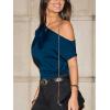 imageCUPSHE Womens Tops Asymmetrical OffShoulder Shirt Sleeveless Ruching Satin Blouses Elegant Trendy DressyDark Blue