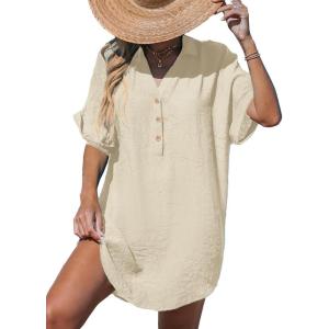 imageCUPSHE Women Swimsuit Cover Up V Neck Short Sleeve Button Front Beach Coverup Shirt DressApricot