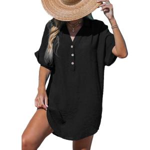 imageCUPSHE Women Swimsuit Cover Up V Neck Short Sleeve Button Front Beach Coverup Shirt DressBlack