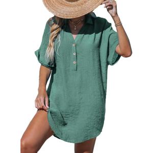 imageCUPSHE Women Swimsuit Cover Up V Neck Short Sleeve Button Front Beach Coverup Shirt DressEucalyptus Green