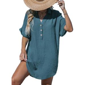 imageCUPSHE Women Swimsuit Cover Up V Neck Short Sleeve Button Front Beach Coverup Shirt DressPeacock Blue