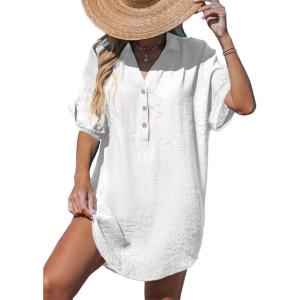 imageCUPSHE Women Swimsuit Cover Up V Neck Short Sleeve Button Front Beach Coverup Shirt DressWhite