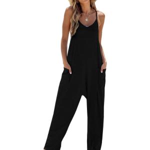 imageCUPSHE Womens Casual V Neck Spaghetti Straps Jumpsuit Sleeveles Baggy Long Pants Overall Outfit with PocketsBlack