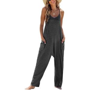 imageCUPSHE Womens Casual V Neck Spaghetti Straps Jumpsuit Sleeveles Baggy Long Pants Overall Outfit with PocketsDark Grey