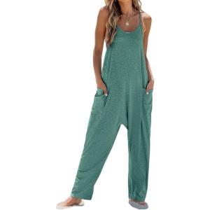 imageCUPSHE Womens Casual V Neck Spaghetti Straps Jumpsuit Sleeveles Baggy Long Pants Overall Outfit with PocketsGreen