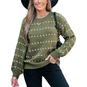 imageCUPSHE Womens Crewneck Sweaters Long Sleeve Cozy Knit Rainbow Dots Pullover Jumper TopsGreen