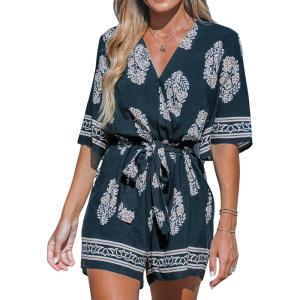 imageCUPSHE Womens Summer Wide Leg Rompers V Neck Short Sleeve Overall Jumpsuit Beach Vacation OutfitBlack