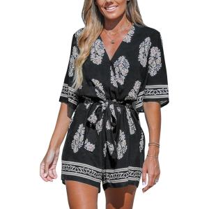 imageCUPSHE Womens Summer Wide Leg Rompers V Neck Short Sleeve Overall Jumpsuit Beach Vacation OutfitBlackYellow