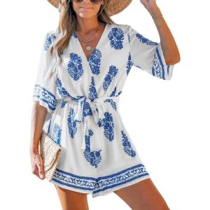 imageCUPSHE Womens Summer Wide Leg Rompers V Neck Short Sleeve Overall Jumpsuit Beach Vacation OutfitBlue