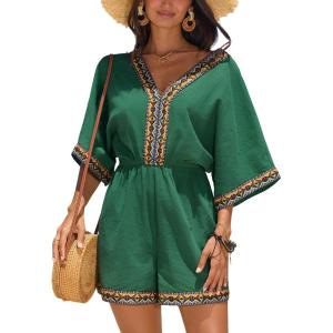 imageCUPSHE Womens Summer Wide Leg Rompers V Neck Short Sleeve Overall Jumpsuit Beach Vacation OutfitDark Green