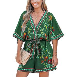 imageCUPSHE Womens Summer Wide Leg Rompers V Neck Short Sleeve Overall Jumpsuit Beach Vacation OutfitEmerald Green