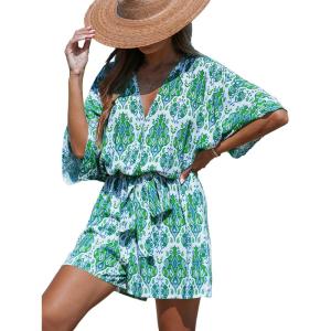 imageCUPSHE Womens Summer Wide Leg Rompers V Neck Short Sleeve Overall Jumpsuit Beach Vacation OutfitGreen