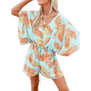 imageCUPSHE Womens Summer Wide Leg Rompers V Neck Short Sleeve Overall Jumpsuit Beach Vacation OutfitOlive