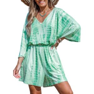 imageCUPSHE Womens Summer Wide Leg Rompers V Neck Short Sleeve Overall Jumpsuit Beach Vacation OutfitOlive Green