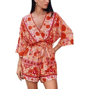imageCUPSHE Womens Summer Wide Leg Rompers V Neck Short Sleeve Overall Jumpsuit Beach Vacation OutfitOrange