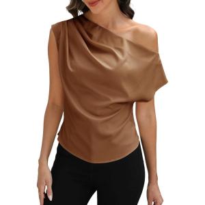 imageCUPSHE Womens Tops Asymmetrical OffShoulder Shirt Sleeveless Ruching Satin Blouses Elegant Trendy DressyBrown
