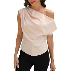imageCUPSHE Womens Tops Asymmetrical OffShoulder Shirt Sleeveless Ruching Satin Blouses Elegant Trendy DressyChampagne