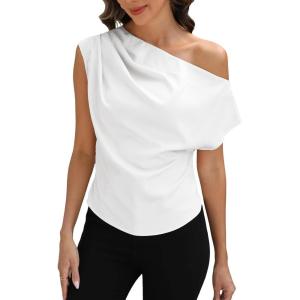 imageCUPSHE Womens Tops Asymmetrical OffShoulder Shirt Sleeveless Ruching Satin Blouses Elegant Trendy DressyWhite