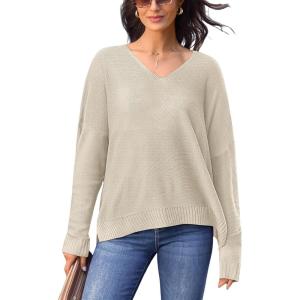 imageCUPSHE Womens V Neck Sweaters Long Sleeve Oversized 2024 Fall Pullover Jumper TopsApricot