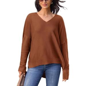 imageCUPSHE Womens V Neck Sweaters Long Sleeve Oversized 2024 Fall Pullover Jumper TopsBrown
