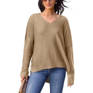 imageCUPSHE Womens V Neck Sweaters Long Sleeve Oversized 2024 Fall Pullover Jumper TopsLight Brown