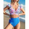 imageCUPSHE Womens Bikini Sets Ruffle Wrapped Front Cutout Crisscross Tie Back Bathing Suit Ruched High Rise BottomBlue Floral