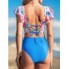 imageCUPSHE Womens Bikini Sets Ruffle Wrapped Front Cutout Crisscross Tie Back Bathing Suit Ruched High Rise BottomBlue Floral