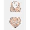 imageCUPSHE Womens Bikini Sets Two Piece Bathing Suit High Waisted Halter V Neck Ruffled Trim Ruched SwimwearApricotFloral