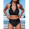 imageCUPSHE Womens Bikini Sets Two Piece Bathing Suit High Waisted Halter V Neck Ruffled Trim Ruched SwimwearBlack