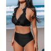 imageCUPSHE Womens Bikini Sets Two Piece Bathing Suit High Waisted Halter V Neck Ruffled Trim Ruched SwimwearBlack